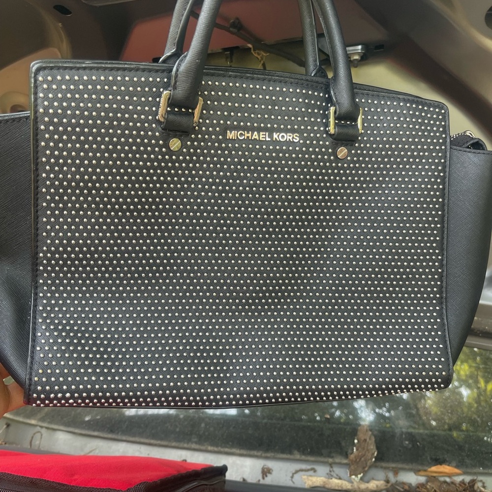 Michael Kors Black Leather Satchel with Geometric Design